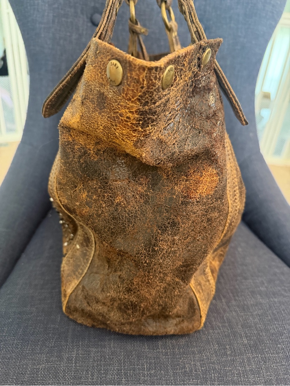 Frye Deborah Studded Distressed Brown Leather Shoulder Bag - Picture 7 of 13